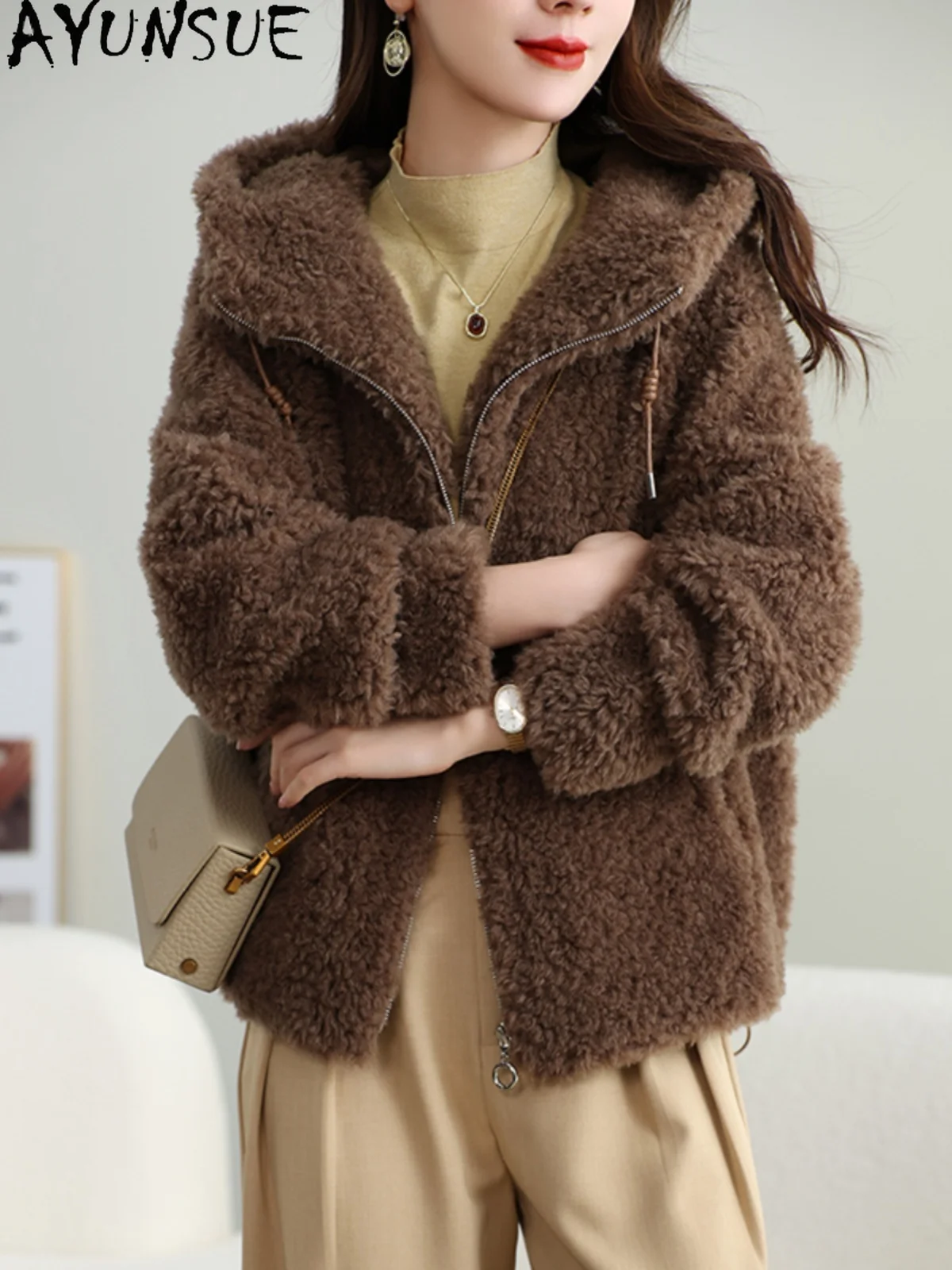 AYUNSUE Płaszcz damski ze 100% wełny, kurtka z kapturem z owczej wełny, jesienno-zimowe ubrania damskie, nowości w kategorii płaszczy, płaszcz damski z kompozytowego futra