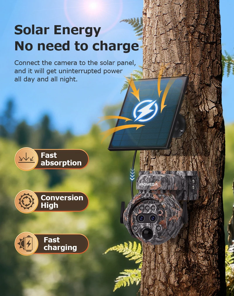 كاميرا INQMEGA 12X ZOOM 4K 8MP تعمل بالطاقة الشمسية بعدسة مزدوجة 4G 360 °   عرض كاميرا الصيد الخارجية الملونة المموهة ببطارية Ubox بقدرة 7800 مللي أمبير في الساعة