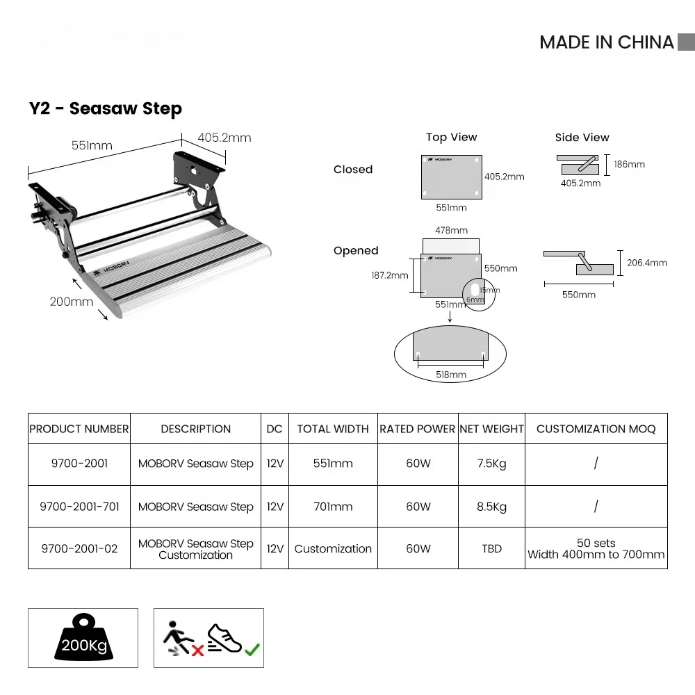 MOBORV RV Step Motorhome Recreational Vehicle Motorized Aluminum Anti-Slip 12V Waterproof 200KG Load Capacity Automatic Control