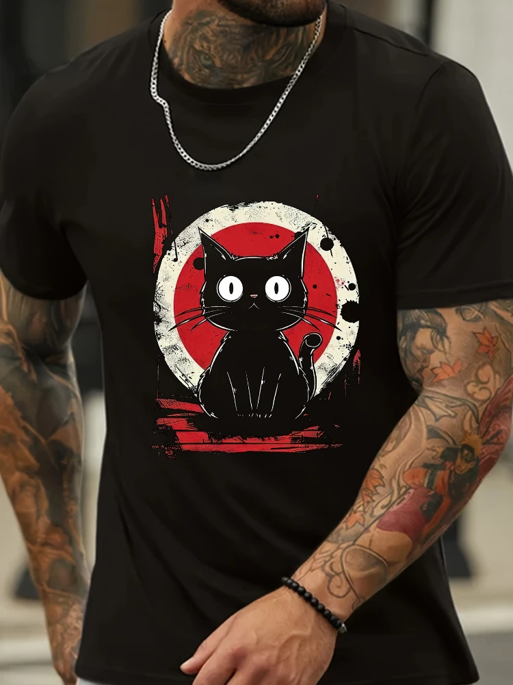 

Men's casual cotton T-shirt-short sleeve, round neck, with unique cat pattern.