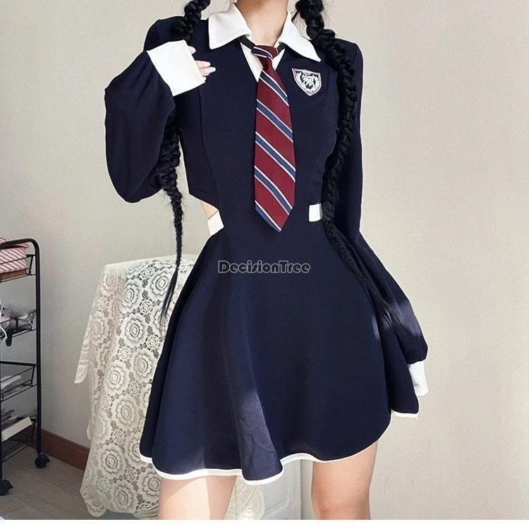 2024 American Preppy Polo Kragen Langarm Kleid weibliche Herbst Gewürz Taille A-Linie Mode Chic Stil Frauen Uniform JK Set W754