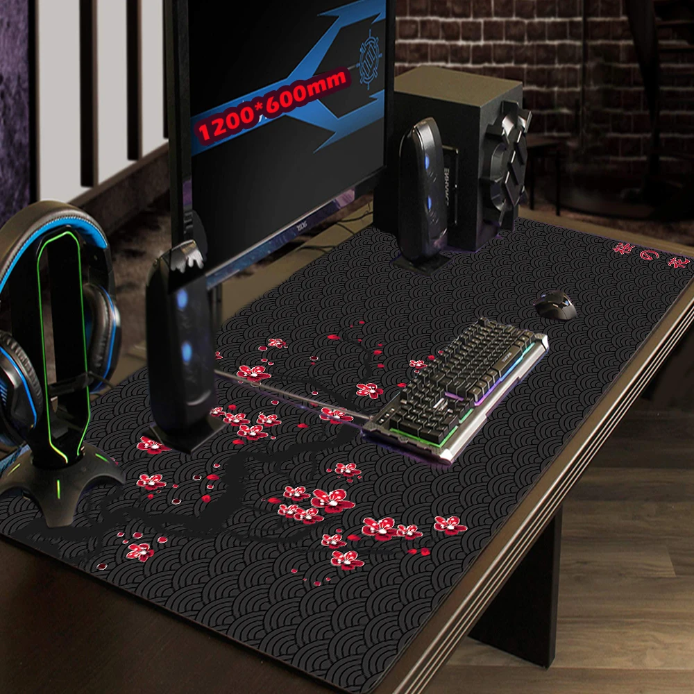 Imagem -02 - Estilo Japonês Mouse Pad Cherry Blossom Mouse Pad Grande Onda Mousepad Vermelho Preto 900x400 1000x500 Dropshipping