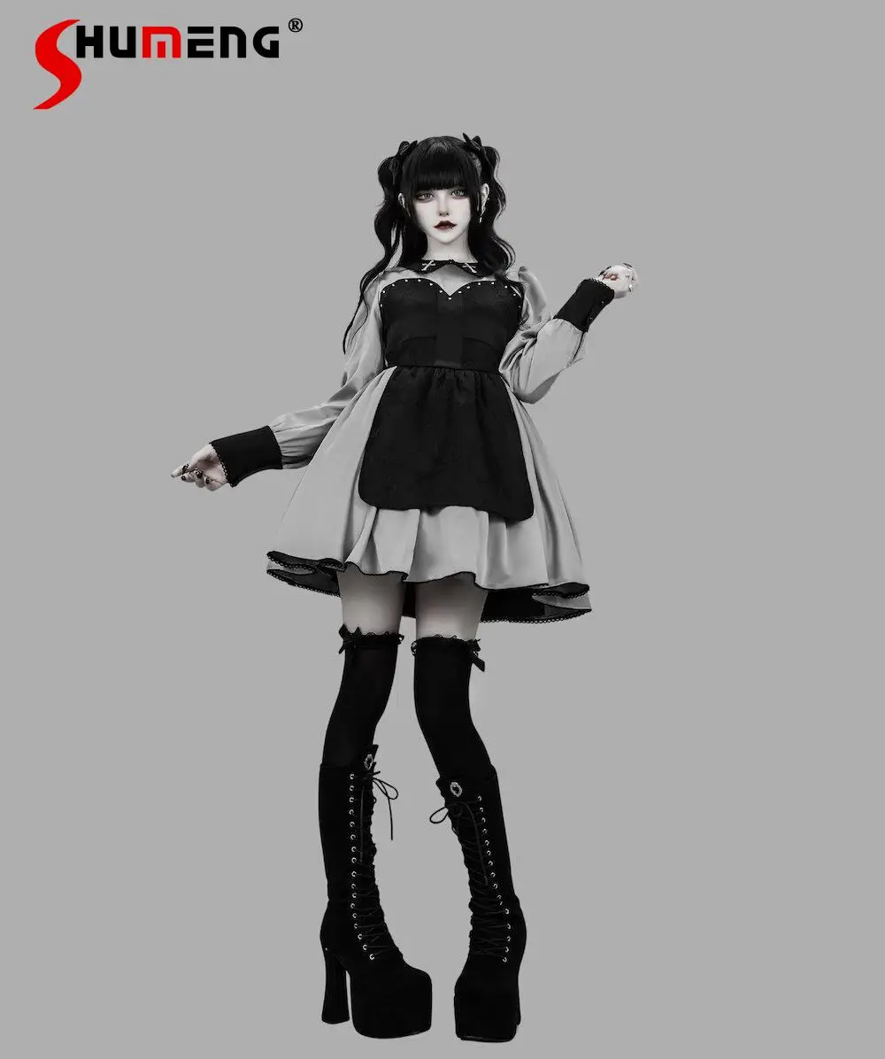 

Japanese Mines Style Harajuku Lace Splicing Cross Embroidery Rivets Long Sleeve High Waist Strap Slim A-line Short Dress Women