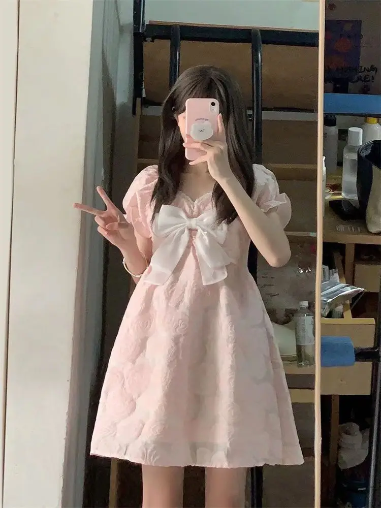 Robes douces femmes nœud fleurs bouffantes manches courtes dentelle Patchwork col en V Style Preppy été Mini robe fête décontracté