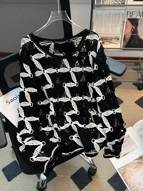 

Женский вязаный свитер больших размеров, весна 2026, с вырезами на плечах, длинный рукав, круглый вырез, средней длины, повседневная верхняя одежда