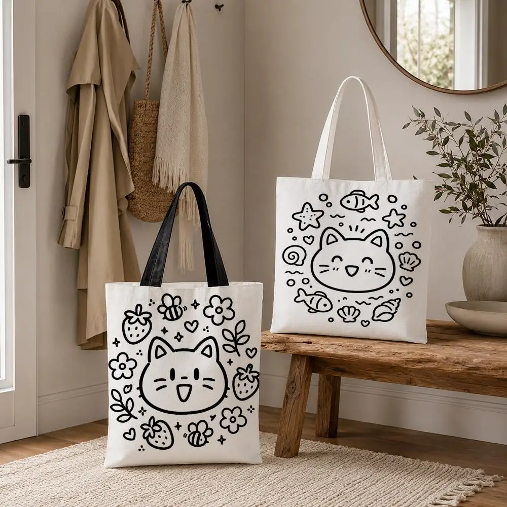 Simple drawing of a kitten Storage Bags Foldable Shopping Bag Canvas Aesthetic Canvas Reusable Fashion Shopping Bag