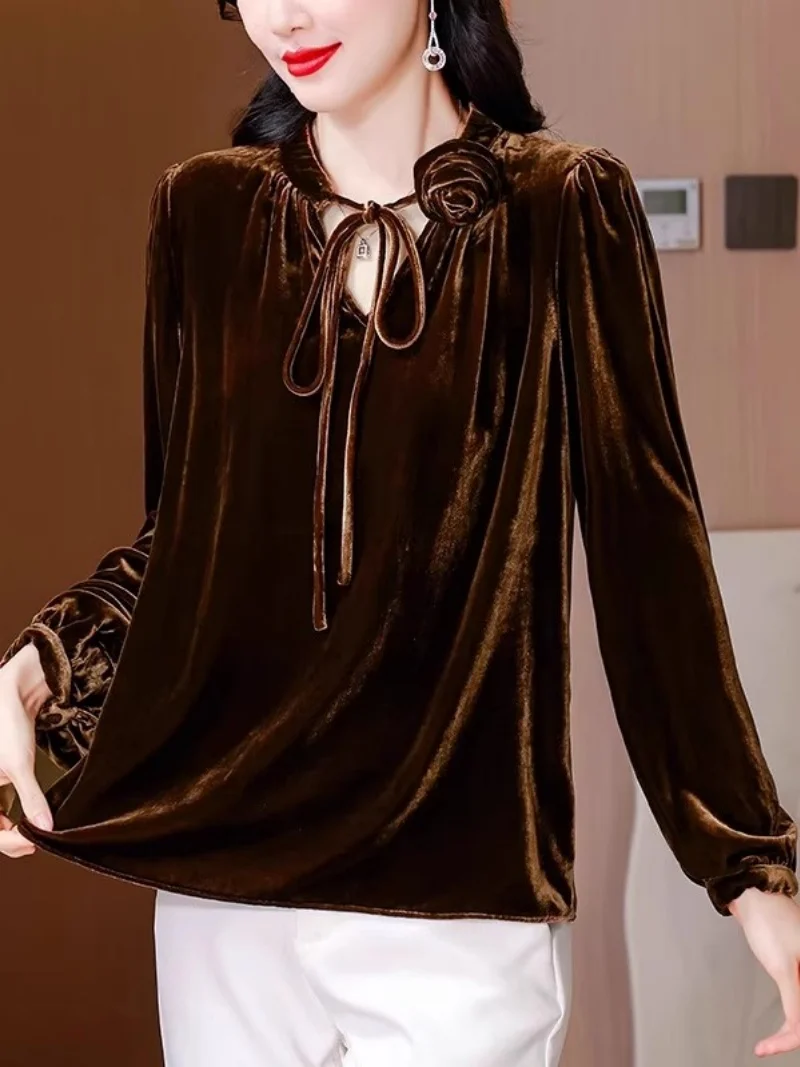 

French Style Velvet Lace Up Shirt For Women Spring And Autumn 2026 Long Sleeved Hollow Flower Decoration Top Blouse w1746
