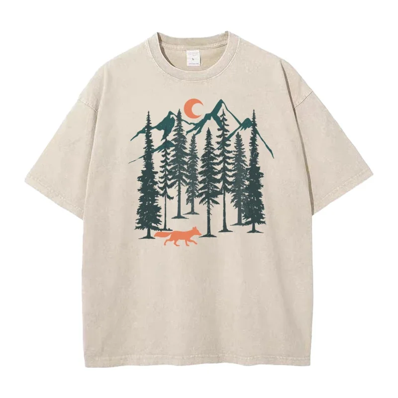 Klassisches Fox Forest Outdoor-Style Hip-Hop Washed Retro T-Shirt mit Rundhalsausschnitt aus Reiner Baumwolle für Damen, Sommer-T-Shirt