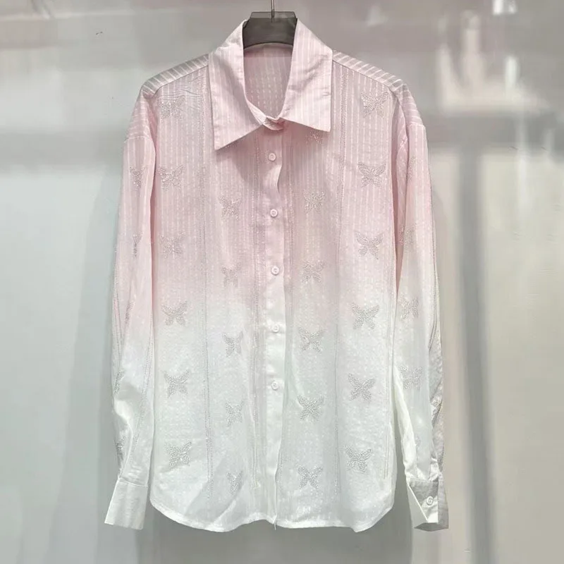 ANJY Spring Summer New Women European Style Butterfly Pattern Gradient Loose Long Sleeves Shirt Lightweight Casual Blouse A24195