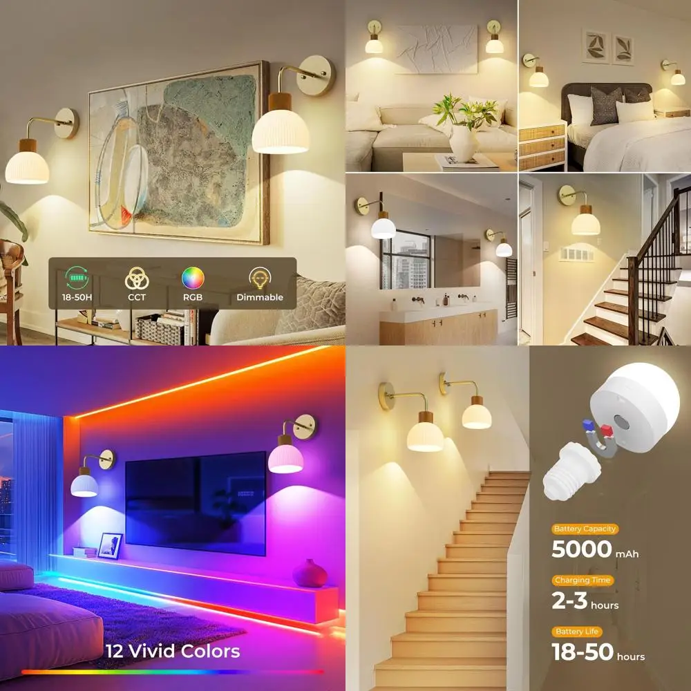 

2-Piece Rechargeable LED Wall Sconces with Remote, 12-Color Dimmable, Timer Feature for Home Decor (Gold)