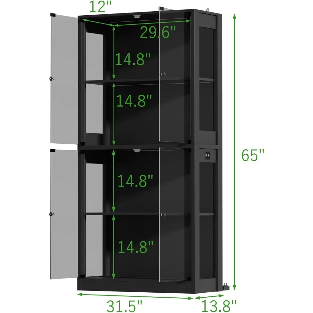 Lemari Pajangan Kaca Empat Tingkat dengan Lampu LED Sensor untuk Koleksi, Hitam