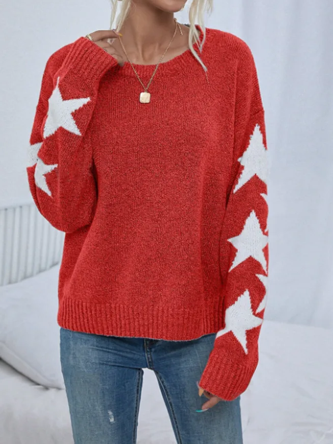 Women's Knitted Sweater Fashionable Solid Color Five Pointed Star Jacquard Round Neck Pullover Sweater