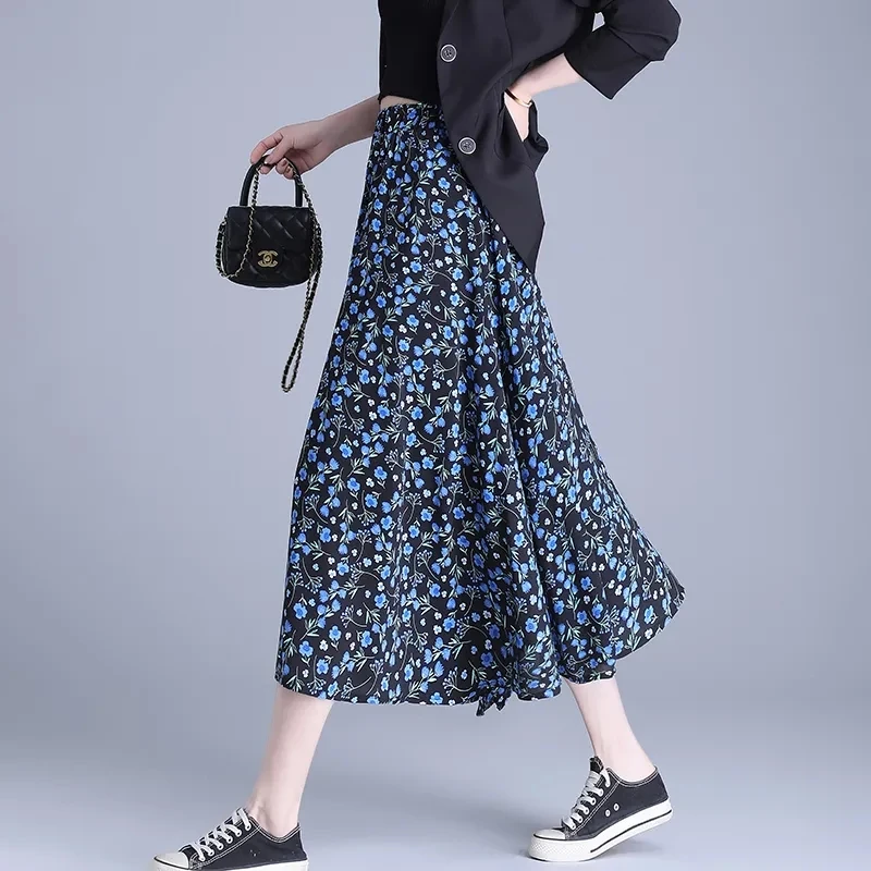 

Rerto Casual Floral Skirt, for Women Clothing, 2024 New, Spring Summer Elastic Higth Waist Chiffon printed A-line Wrap Skirts,