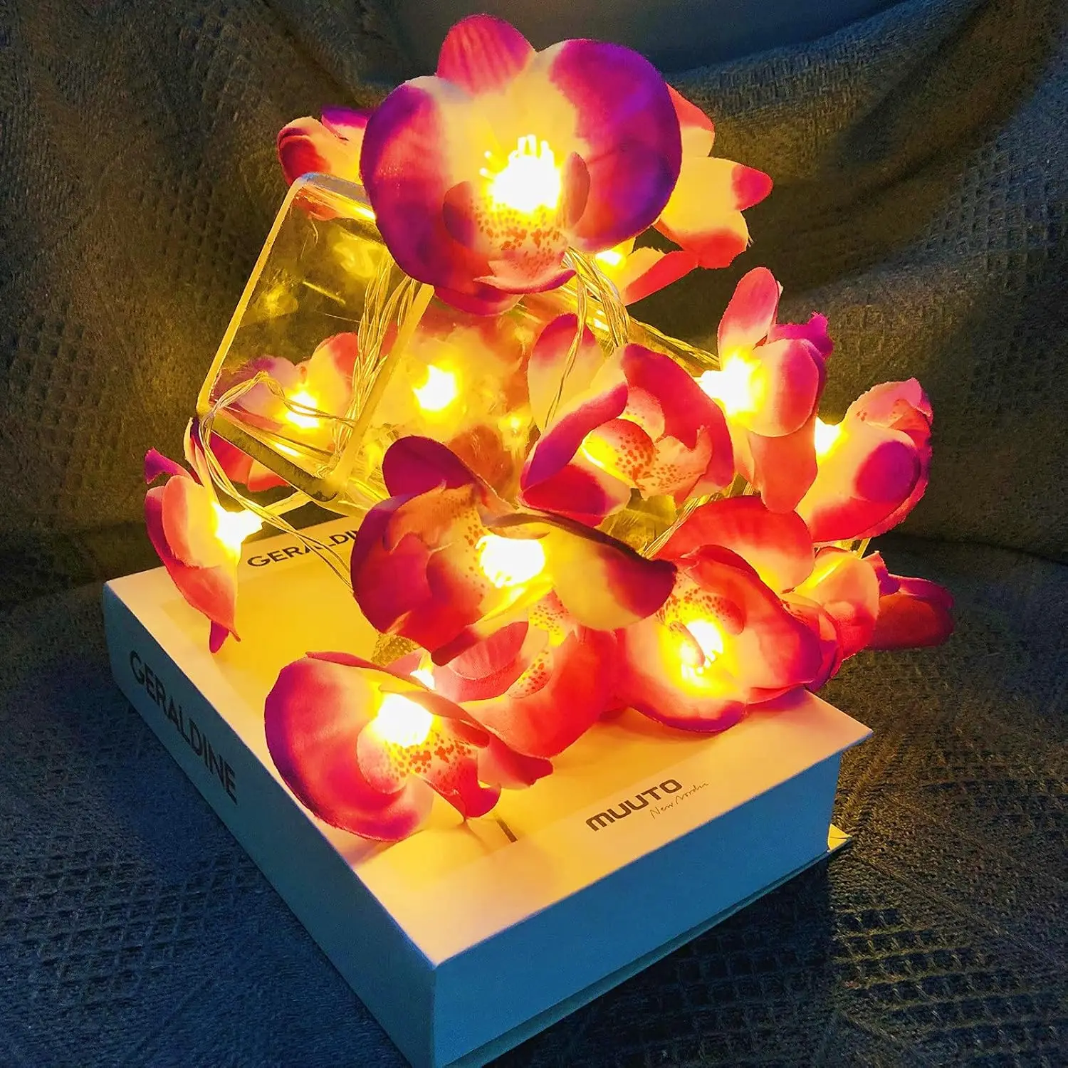 2Pcs Floral String Lights Warm White Orchid Garland Lights Battery Operated Flashing Decorative Light for Room Party Christmas