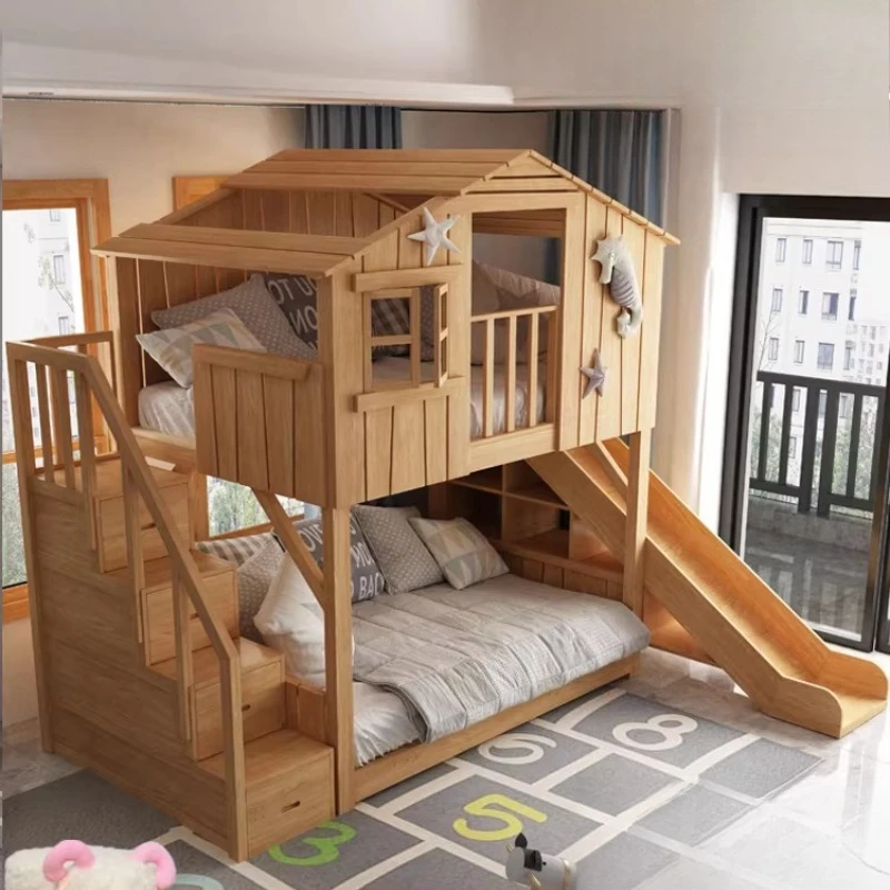 

Children's tree house bed Bunk bed All solid wood up and down High and low bunk with slide Loft Secret base Mother