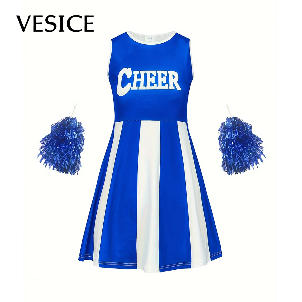 

Girls Cheerleader Costume Holiday Party Performance Short Skirt Suit with Pom Poms Kids Sports Outfit Dress for Children