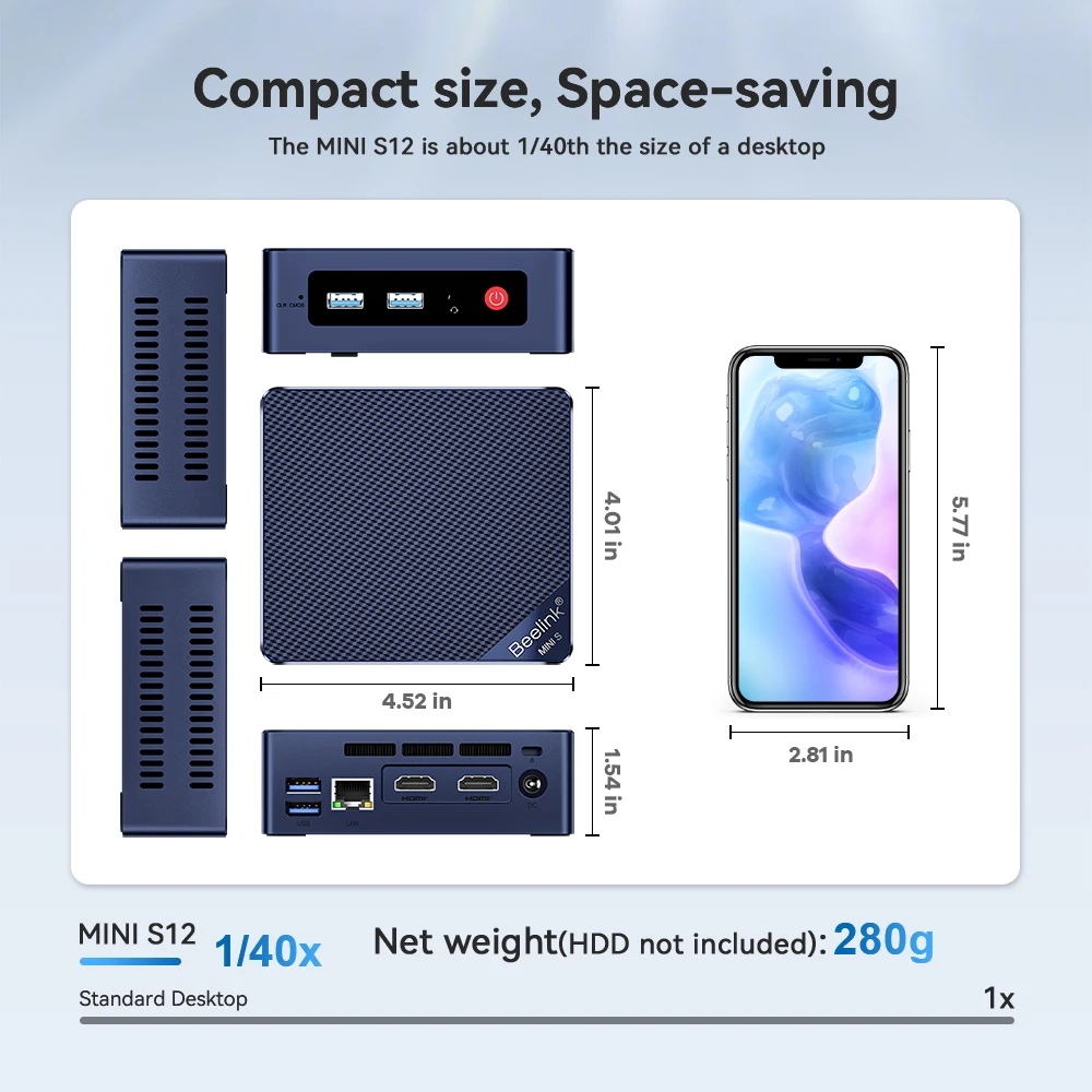 Beelink Mini S12 Computador Desktop, Intel, Alder Lake, N95, 8GB DDR4, 256GB SSD, Wifi5, Dual, 1000M LAN, 12th Gen