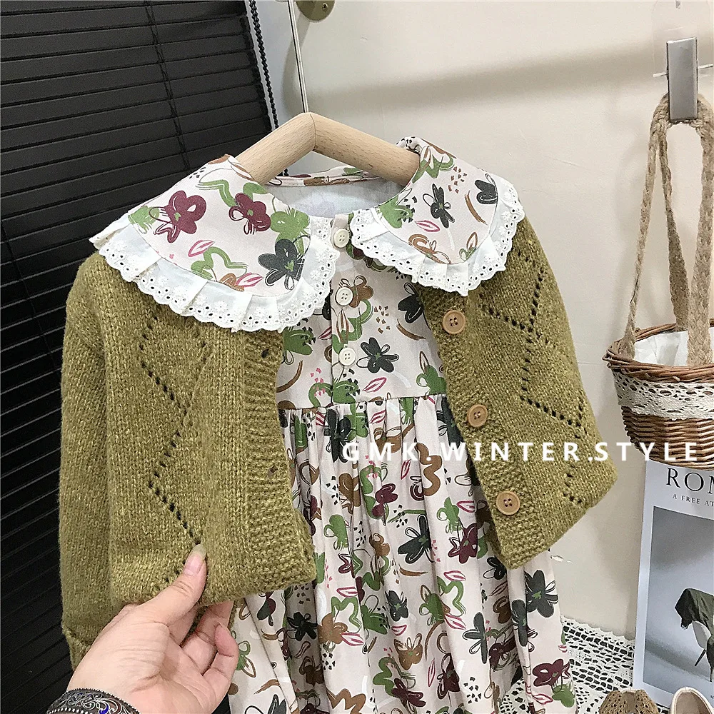 

Infant Baby Girls Spring Floral Dress Outfit Solid Soft Cardigan 2PCS Clothes Set Peter Pan Collar Floral Printed Kid Girl Dress