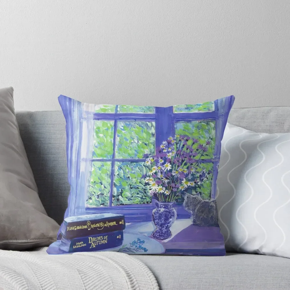 Window cat books blues forget me nots painting by Laura Rispoli daisies flowers Throw Pillow Sofas Covers pillow