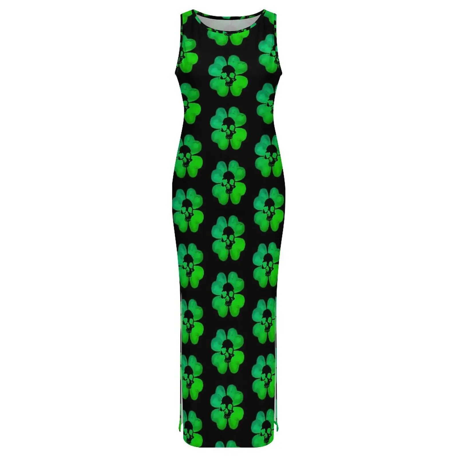Female Bodycon Dress Stylish Skull Leaf Print Maxi Dresses Spring Shamrock Sleeveless Casual Y2k Pattern Dress Big Size