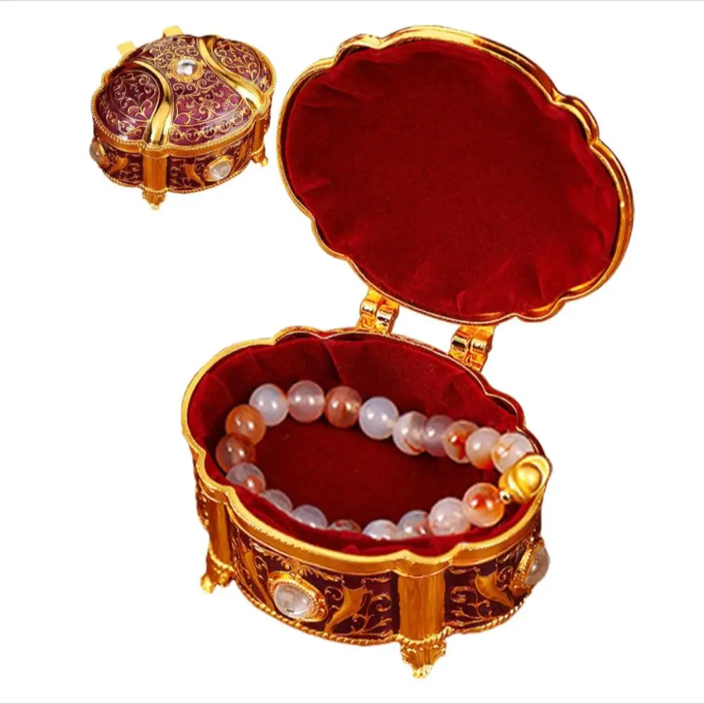 Vintage Style Jewelry Organizer Oval Shape Zinc Alloy Jewelry Storage Case Relief Design Flip Open Jewelry Box