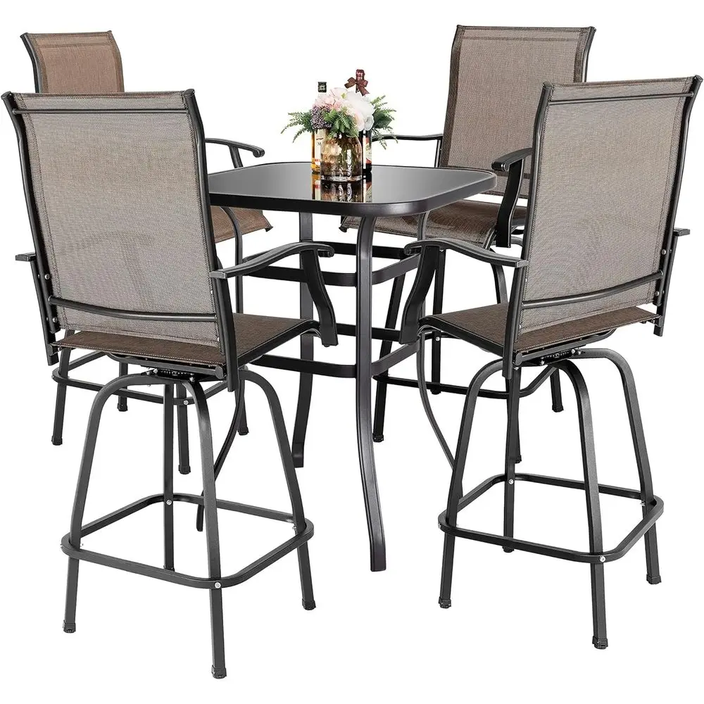 

Комплект уличной мебели для бара из 5 предметов: квадратный стеклянный стол и 4 поворотных стулья из текстилена в черном и коричневом цветах.