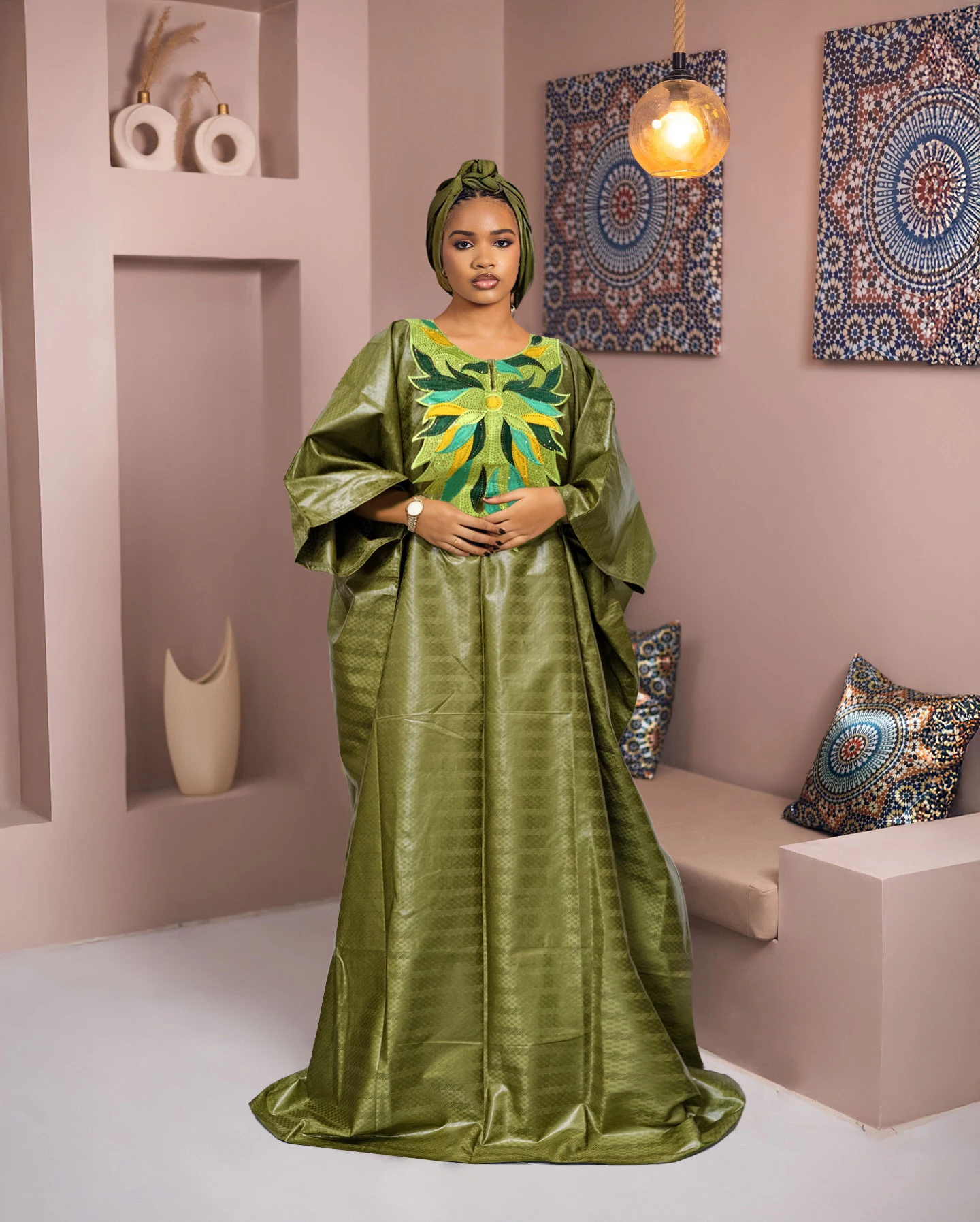 

Темно-зеленое африканское женское платье Bazin Riche Boubou с уникальным воротником, оригинальный нигерийский бассейн, насыщенный длинный халат Dashiki для свадебной вечеринки