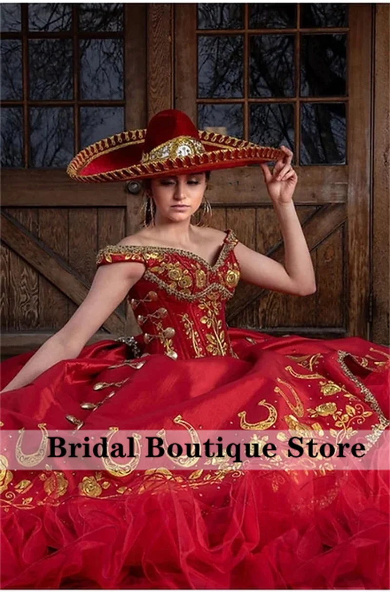 Recién llegado, vestido De baile rojo Mexi, Vestidos De quinceañera con lazo, dulce 16 vestido dorado bordado con volantes, Vestidos De Xv Años personalizados