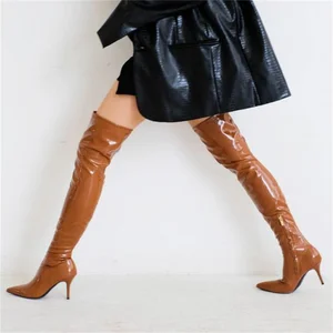 Neue moderne dünne Absatzschuhe Karamell schwarz über den Knie hohen Reißverschluss -Elastizitätsschuhe weibliche Schuhe Lange Röhrenstiefel 4 Hauptverkaufskaramell -Frauenstiefel - №2