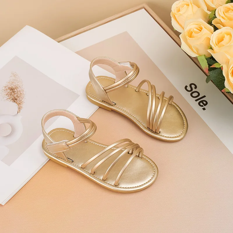 Brand Girl Sandal2025summer New Gold Hollow Out Kid Sandals Soft Sole Atmospheric Women Shoe Roman Sandals Temperament Kid Shoes