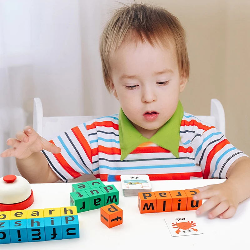 Engelse woordkaart voor kinderen, houten puzzelspeelgoed Montessori vroeg onderwijs, gezichtsverandering Rubik's Cube, bretspel voor meerdere spelers