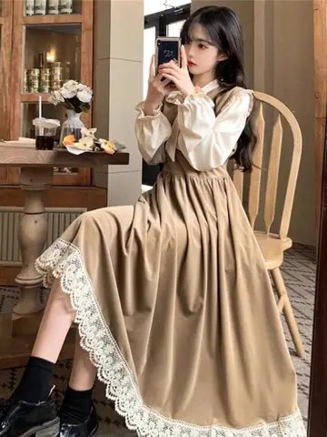 레트로 벨벳 긴팔 드레스 여성용 가을 겨울 신상 하이웨이스트 헵번 스타일 드레스 레이스 스플라이스 A라인 스커트 일반 두께