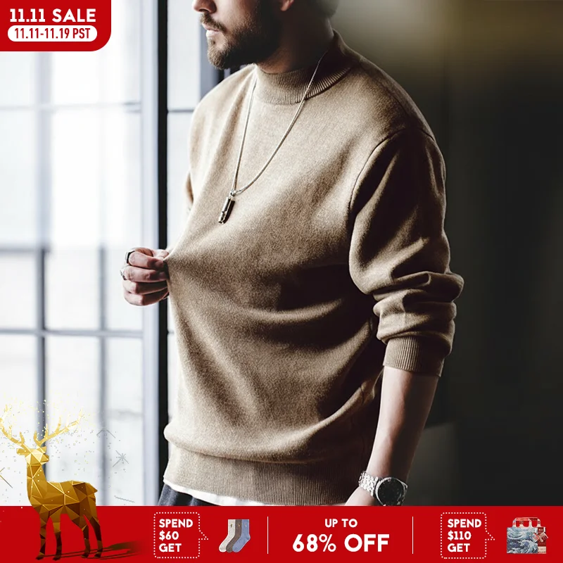 

Maden Autumn Winter New Regular Fit 12 Gauge Sweater Men Half Turtleneck Pullovers Knitwear Solid Color Warm Bottom Shirt