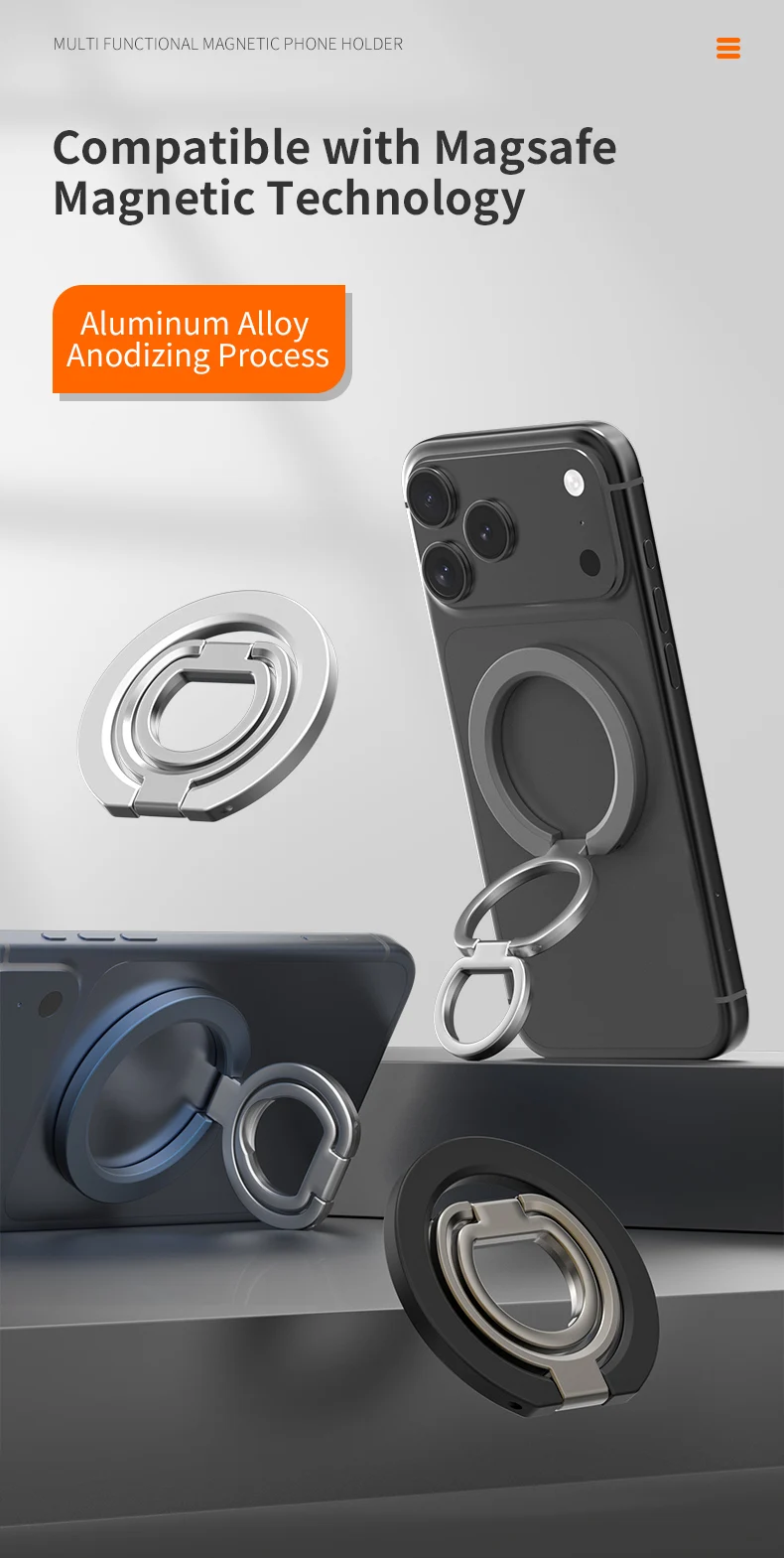 Doppelseitiger Starker Magnethalter für Magsafe Mobiltelefon Faltbarer Fingerring Magnet-Halterung für iPhone 17 Pro Samsung Xiaomi – Detail 3