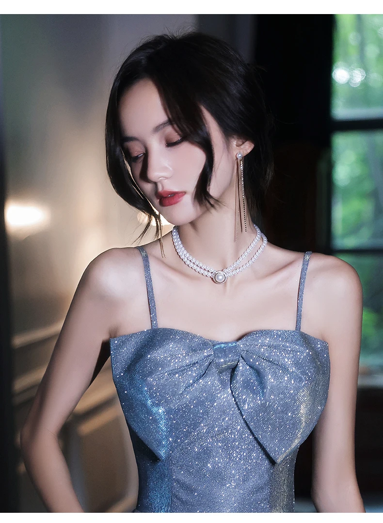 Shiny Starry Sky Blue Spaghetti Straps Prom Dress Bow Tie Off Shoulder Long Dress 2023 New Suspender Formal Party Gowns