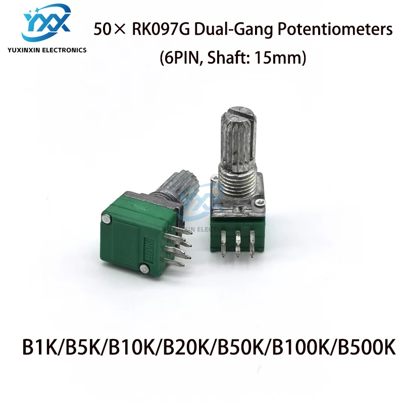 

50 шт. RK097G двойной потенциометр B5K/B10K/B20K/B50K/B100K, 6-контактный герметичный потенциометр усилителя звука с гайками, шайбами