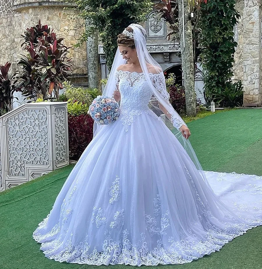 Nuevo vestido De novia para iglesia 2026 cuello barco mangas largas apliques De encaje tul Vestidos De novia formales Vestidos De novia