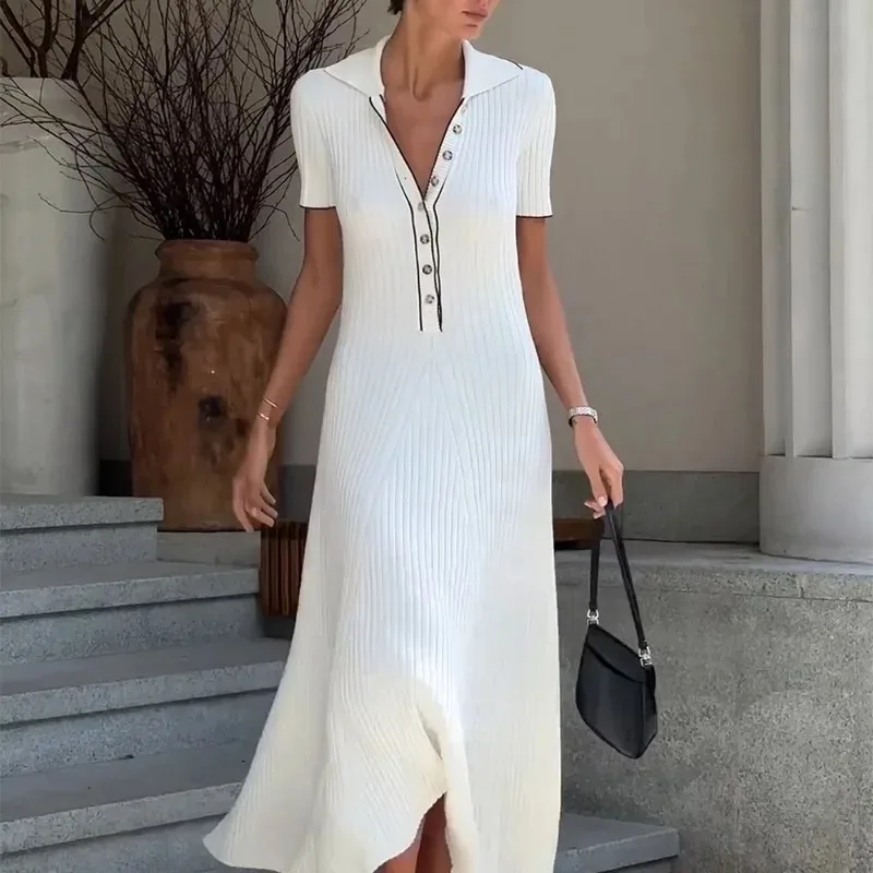 Talenza Elegant White Knitted Long Dress Women\'s Fashion Short Sleeve Evening Dress Lapel Slim Fit Patchwork Knitted Long Dress