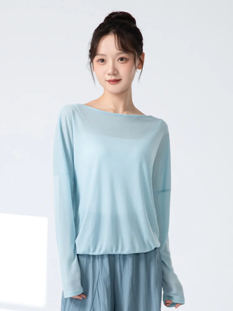 Top de balé de manga comprida com bainha dividida solta de cor sólida – camisa de treinamento de palco respirável para dançarinos e artistas