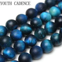 Natural Matte Lake Blue Tiger Eye  Stone Round Loose Spacer Beads For Jewelry Making DIY Bracelet Accessories 15'' 4/6/8/10/12mm