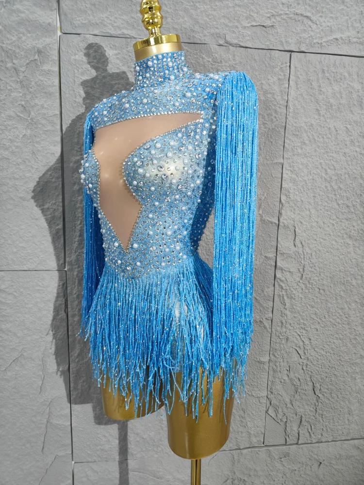Blue Tight Bodysuit Sexy Women Mesh Transparent Sparkly Rhinestones Tassel Dance Performance Stage Costume Bar Nightclub Wear