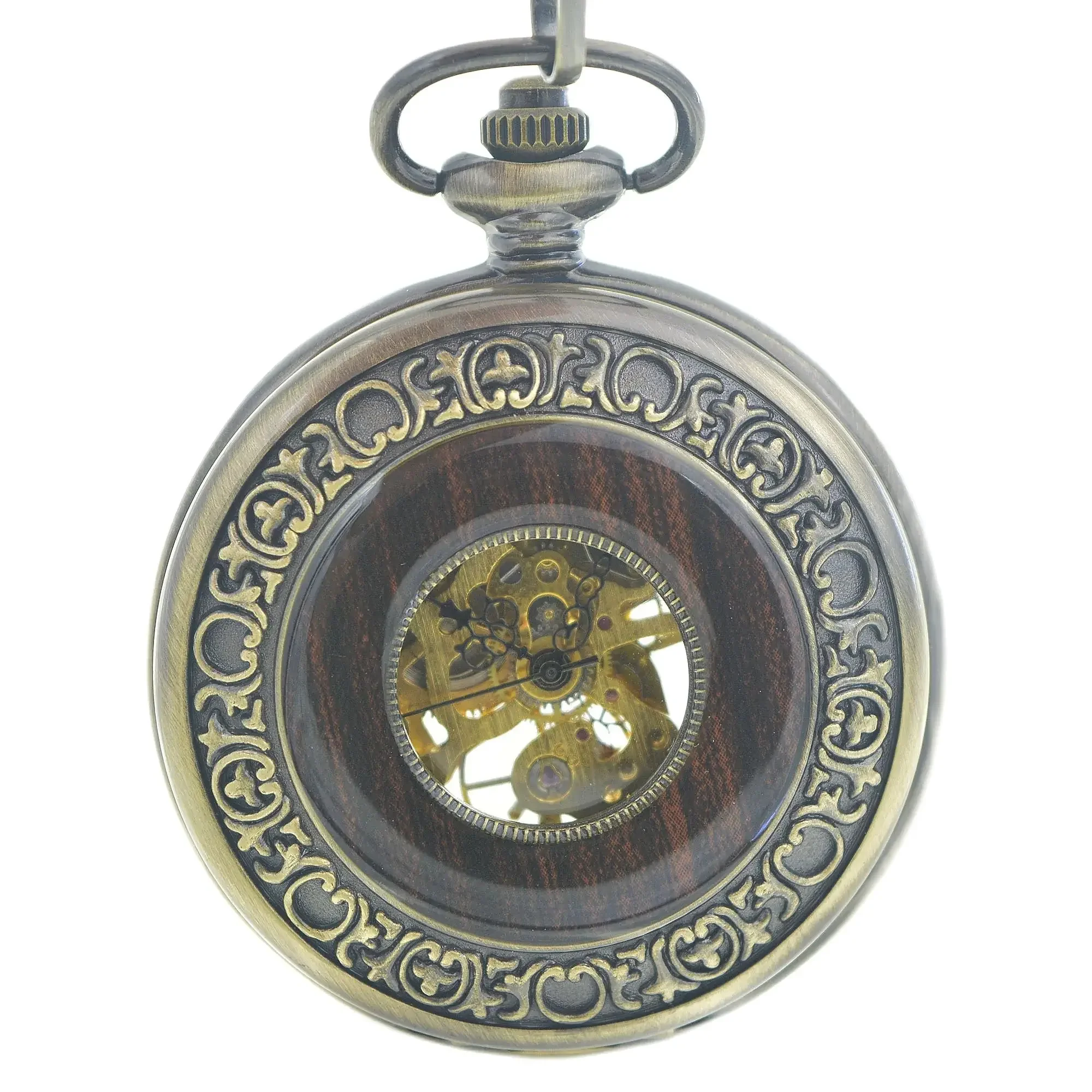 Luxury Bronze Tone Wooden Circle Hand-winding Mechanical Movement Black Roman Nnumeral Dial Pocket Watch w/Chain