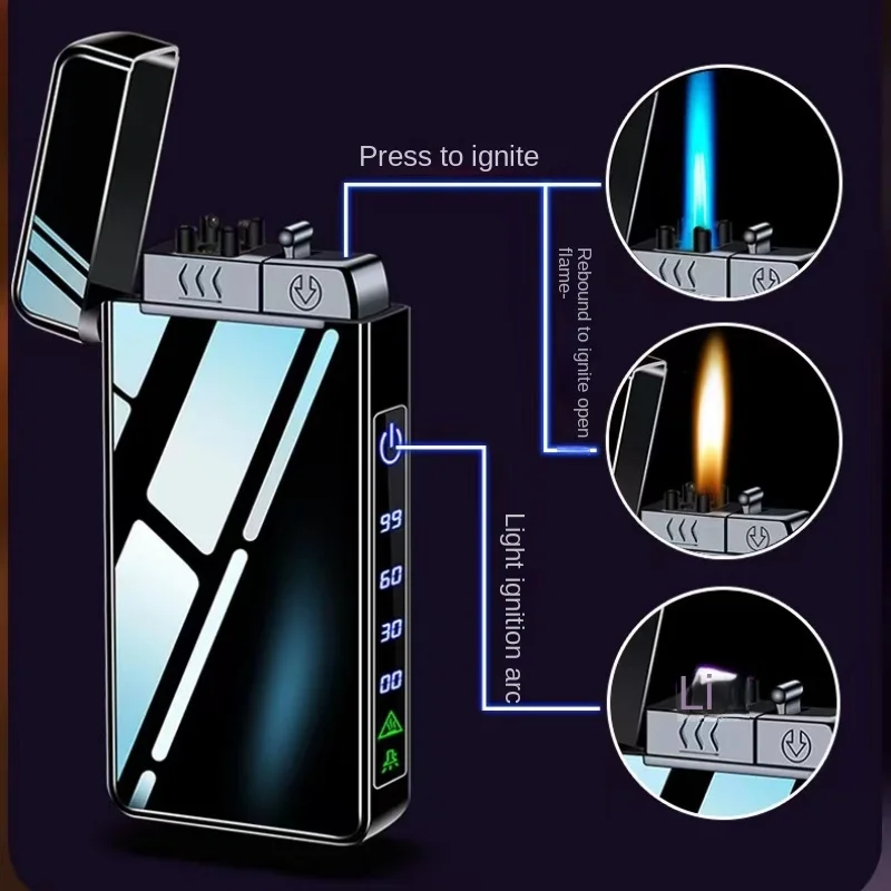 3 in 1 Unusual Butane Gas Lighter Windproof Dual Arc Open Fire Jet Fire Charge One Button Switch Visible Oil Window USB Lighter