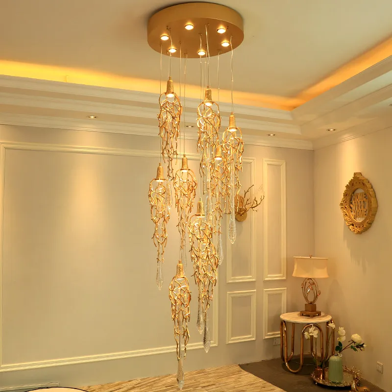 Light Luxury French Duplex Staircase Full Copper Attic Chandelier Italian Villa Luxury Villa Living Room Crystal Long Chandelier