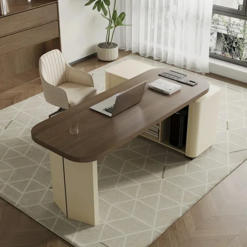

Italian household saddle leather solid wood computer desk retractable bedroom study desk