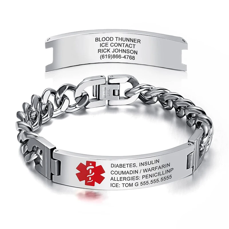 Personalized Emergency Bracelets for Women Men Custom Engraved Medical Alert Information Stainless Steel Medical ID Bracelets