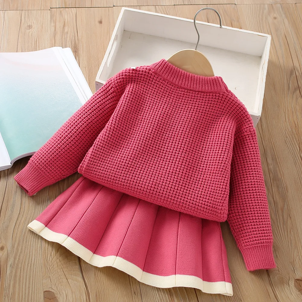 Herbst und Winter neue Mädchen Pullover Set koreanische kurze gestrickte kleine Duft zweiteilige Set Mädchen Baby Vintage Checker Strick-Set – Detail 19
