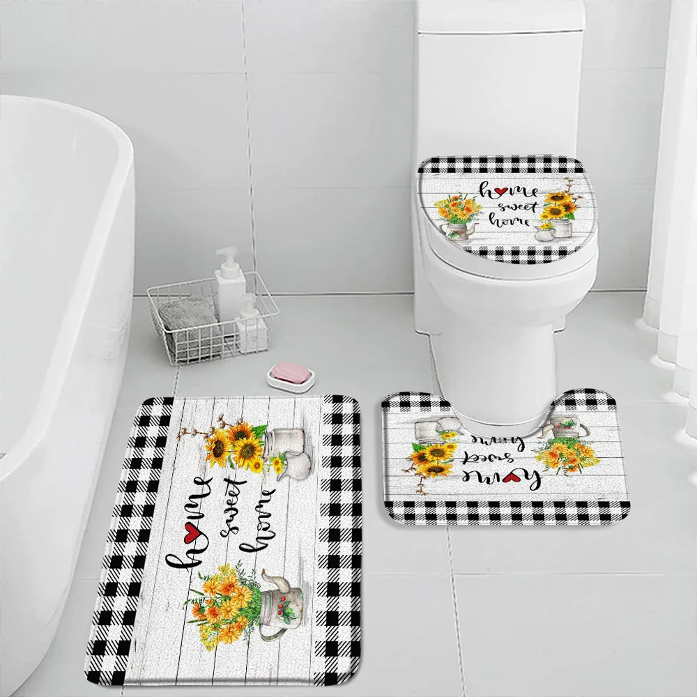 Rustic Farmhouse Floral Bath Mat Set Inspirational Words Butterfly Daisy Wildflower Sunflower Flower Bath Rug Toilet Lid Cover