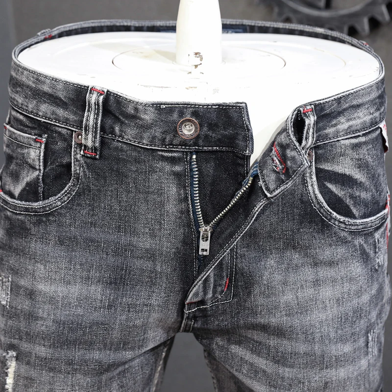 Fashion Designer Men Jeans High Quality Retro Black Gray Elastic Slim Fit Ripped Jeans Men Embroidery Vintage Denim Pants Hombre