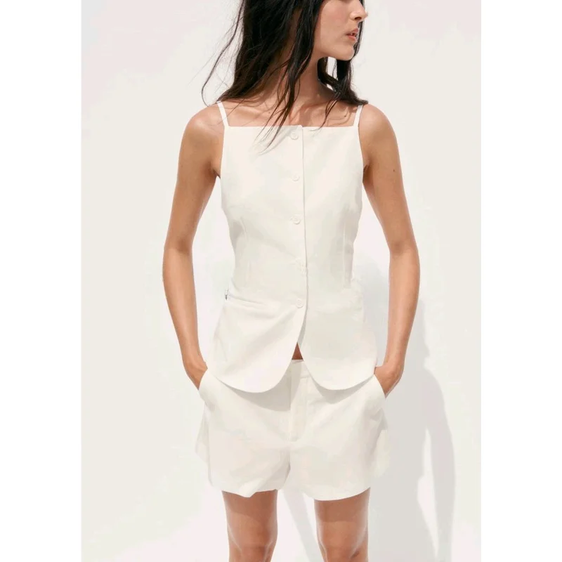 Conjunto de Dos Piezas para Mujer, Estilo Casual, Top Tipo Ceco de Lino, Plones Cortos de Cintura Media, Cuello Redond...
